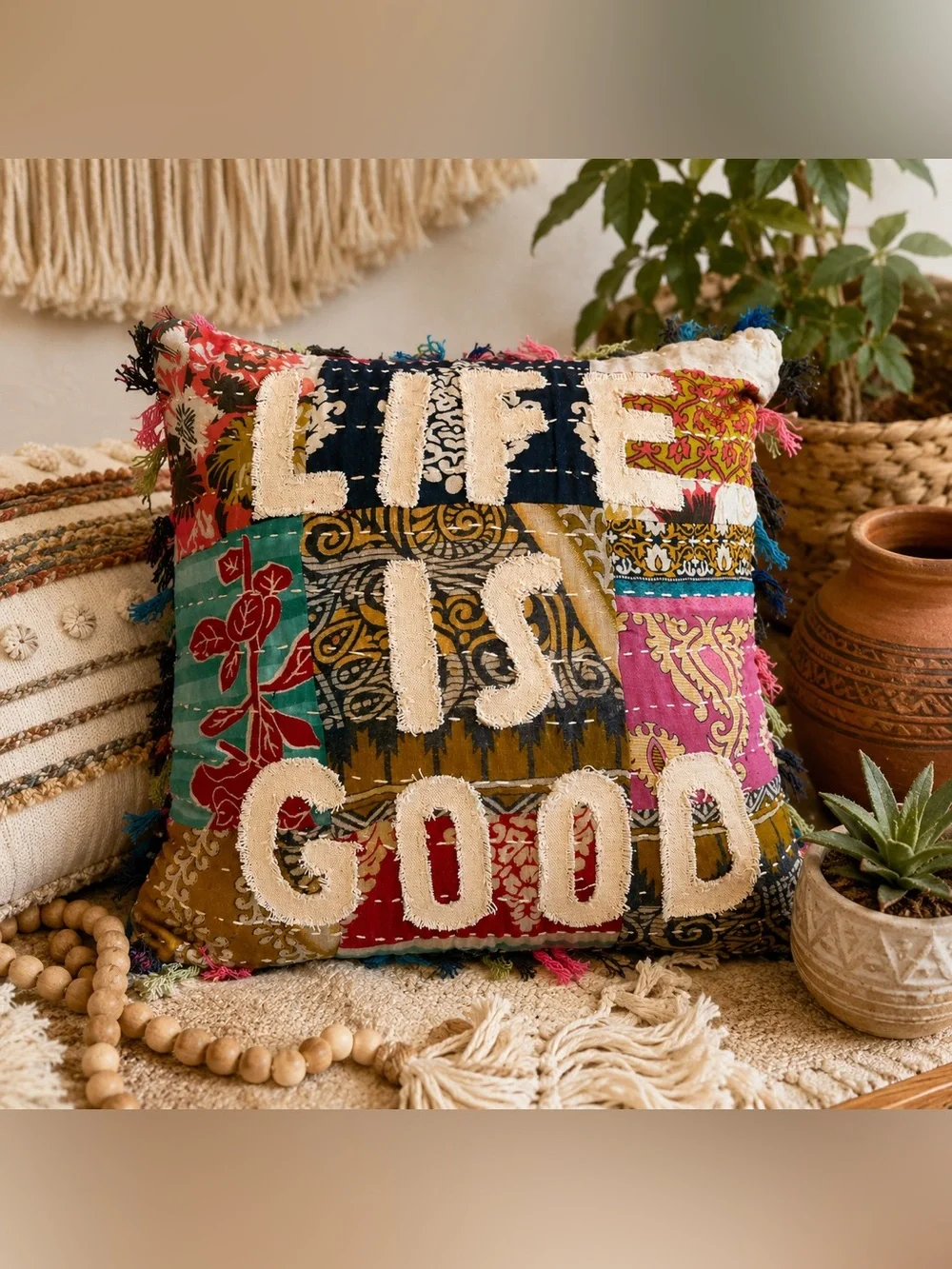Life Is Good Boho Patchwork Tassel Throw Pillow 16” Decorative Cushion New